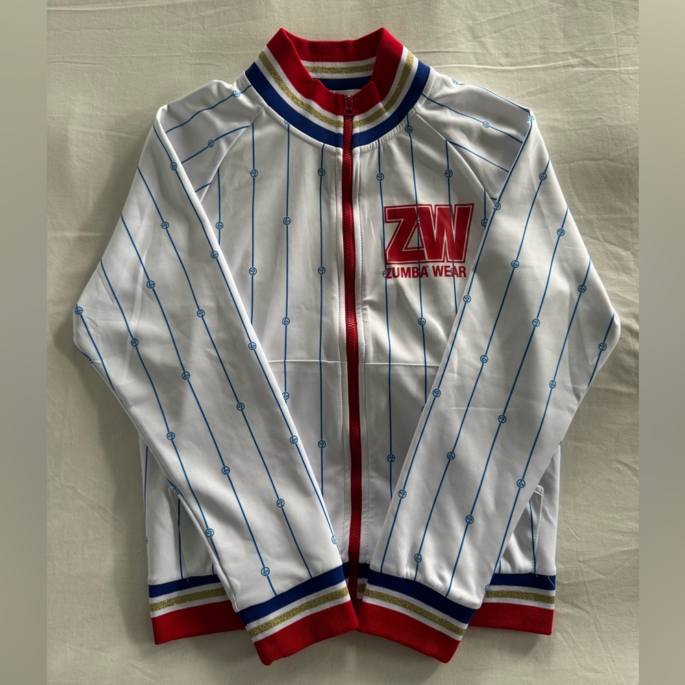 Zumba Fitness Varsity Jacket White and Red Lightweight Design